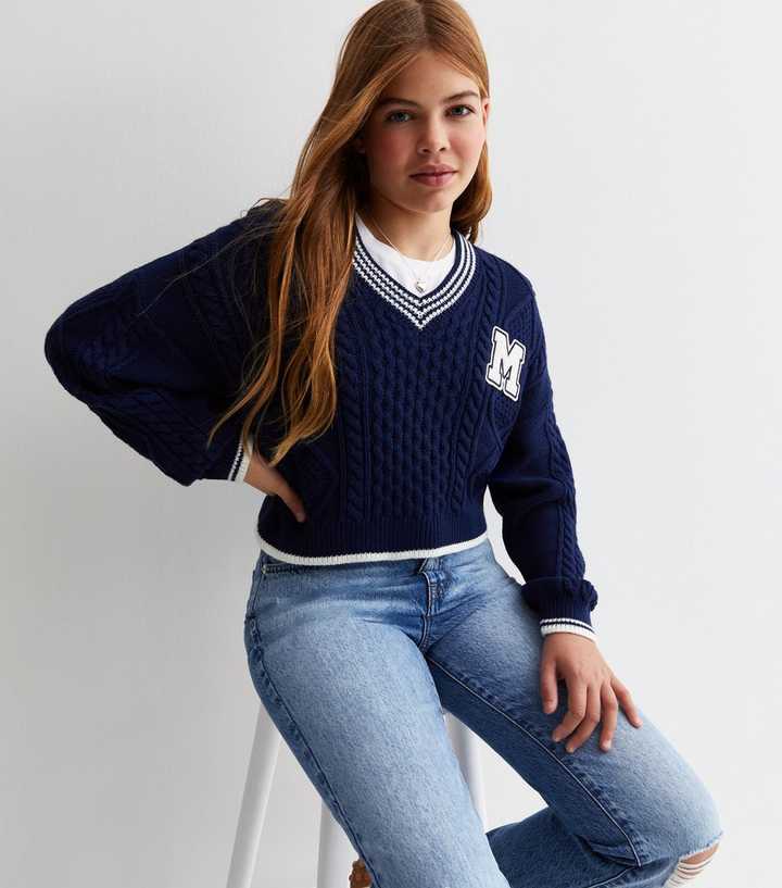 Girls Blue Knit Collegiate V Neck Jumper