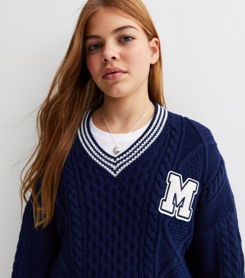Girls Blue Knit Collegiate V Neck Jumper New Look