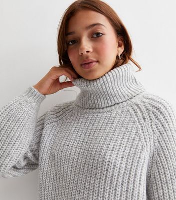 Girls Pale Grey Chunky Knit Roll Neck Longline Jumper New Look