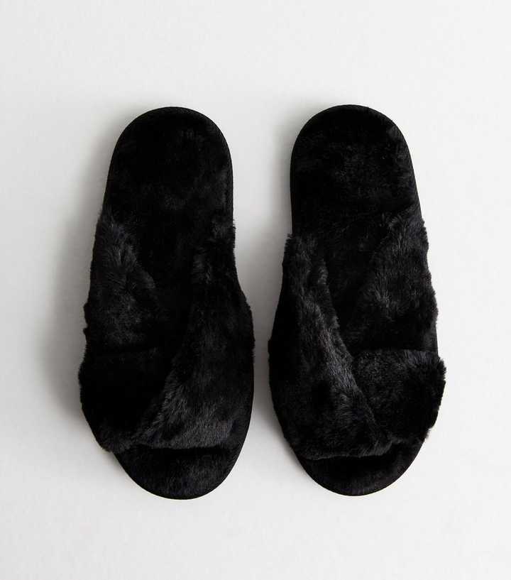 Black Faux Fur Twist Slider Slippers