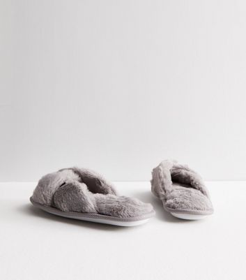 Grey Faux Fur Twist Slider Slippers New Look
