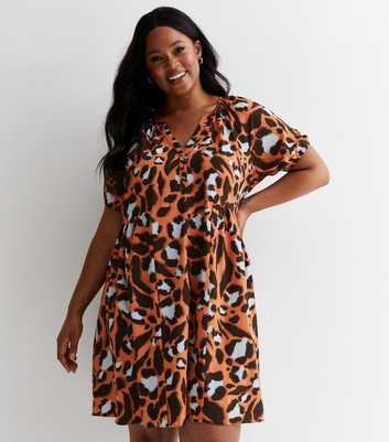 Curves Brown Leopard Print Grandad Collar Mini Dress