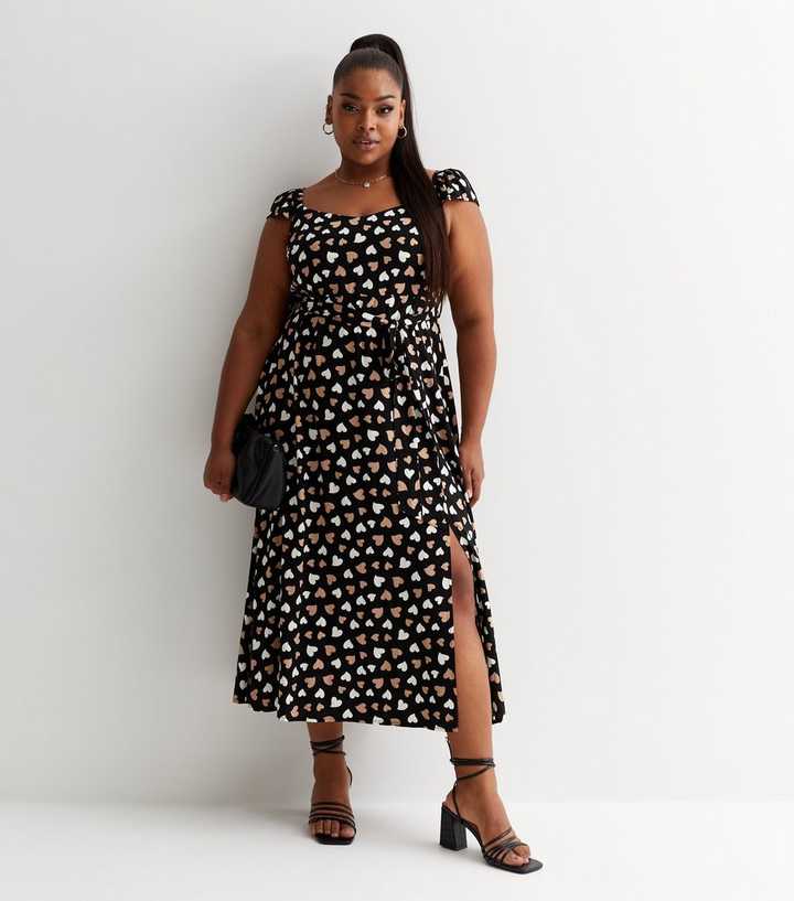 Curves Black Heart Print Split Hem Midaxi Dress