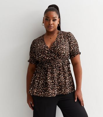 Curves Brown Animal Print Frill Waist Wrap Top New Look