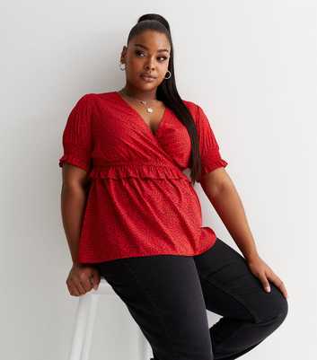Curves Red Animal Print Frill Waist Wrap Top