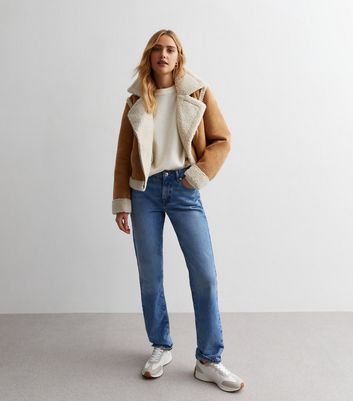 Tan Faux Shearling Trim Cropped Aviator Jacket