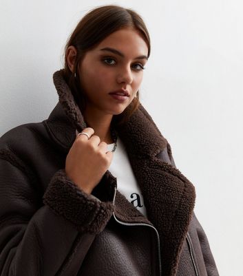 Dark brown leather look teddy lined crop aviator jacket Clearance