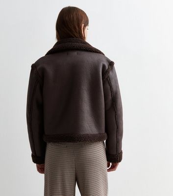 Aviator Jacket Zara Petite Jackets Dark Brown Faux Shearling Trim