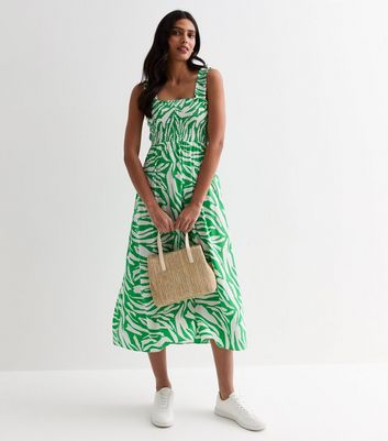 Green Animal Print Shirred Midi Dress New Look