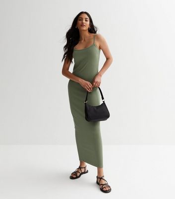 Olive Ribbed Cami Midaxi Dress New Look
