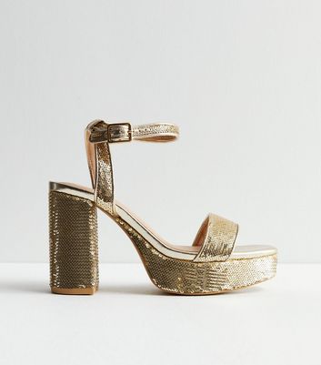 Gold Sequin 2 Part Platform Block Heel Sandals New Look