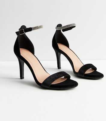 Black Velvet Diamanté Strap Stiletto Heel Sandals