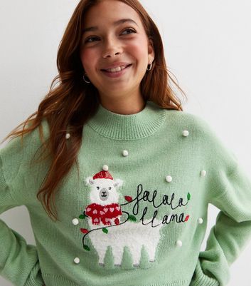 Girls Light Green Fa La La Llama Christmas Jumper New Look