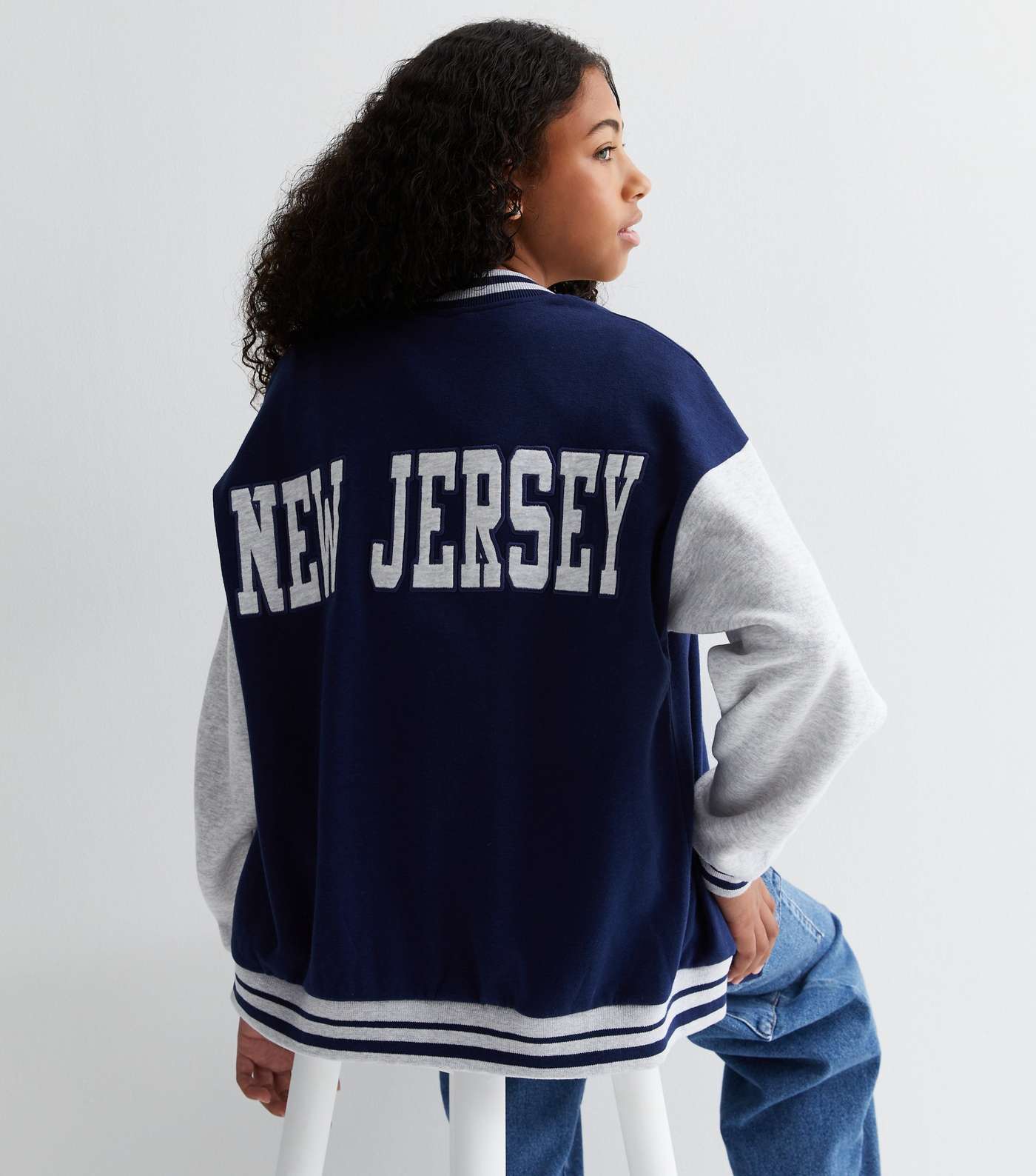 Girls Navy New Jersey Varsity Jacket Image 4