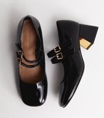 OFFICE Maleah Low Block Mary Janes Heels Black Patent Leather - Mid Heels
