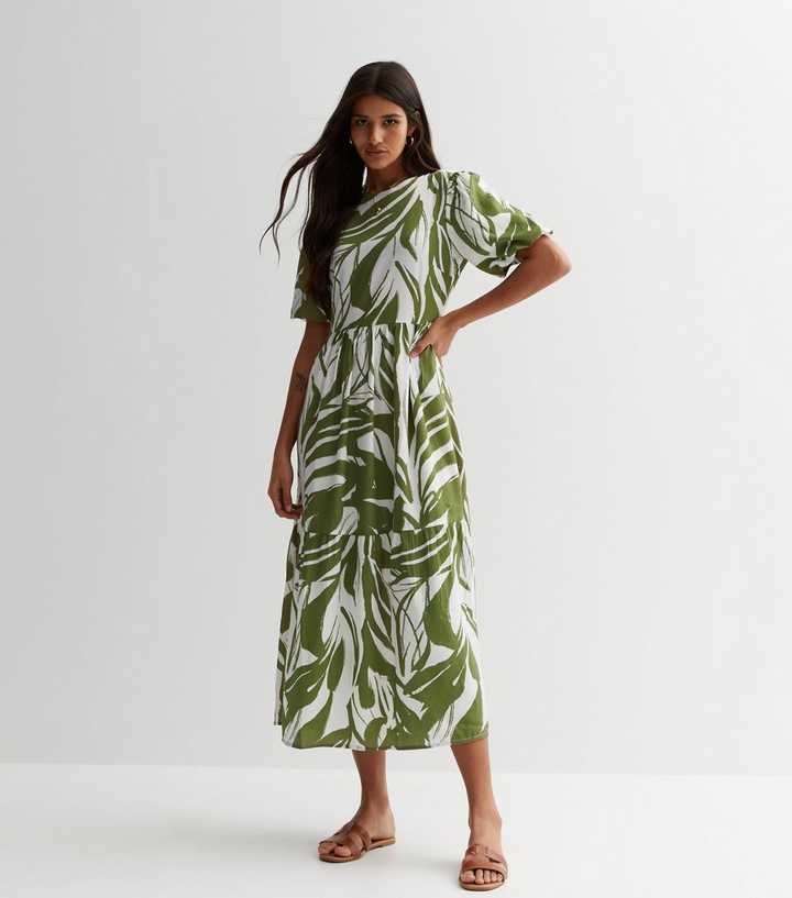 Leaf Print V-Neck Midaxi Smock Dress