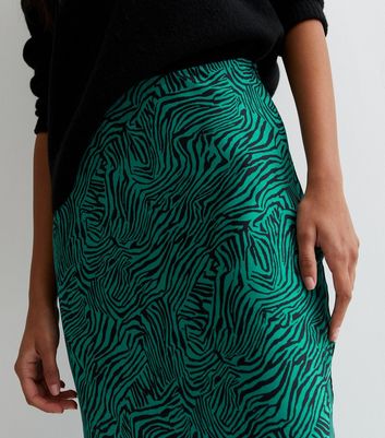 Green Zebra Print Satin Midi Skirt New Look