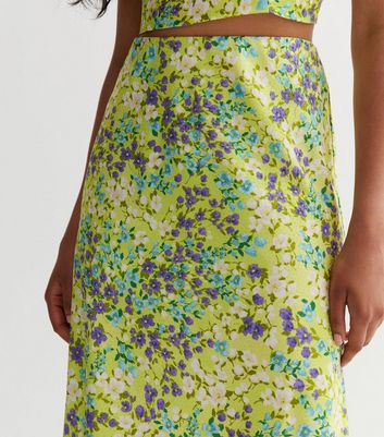 Green Floral Satin Midaxi Skirt New Look