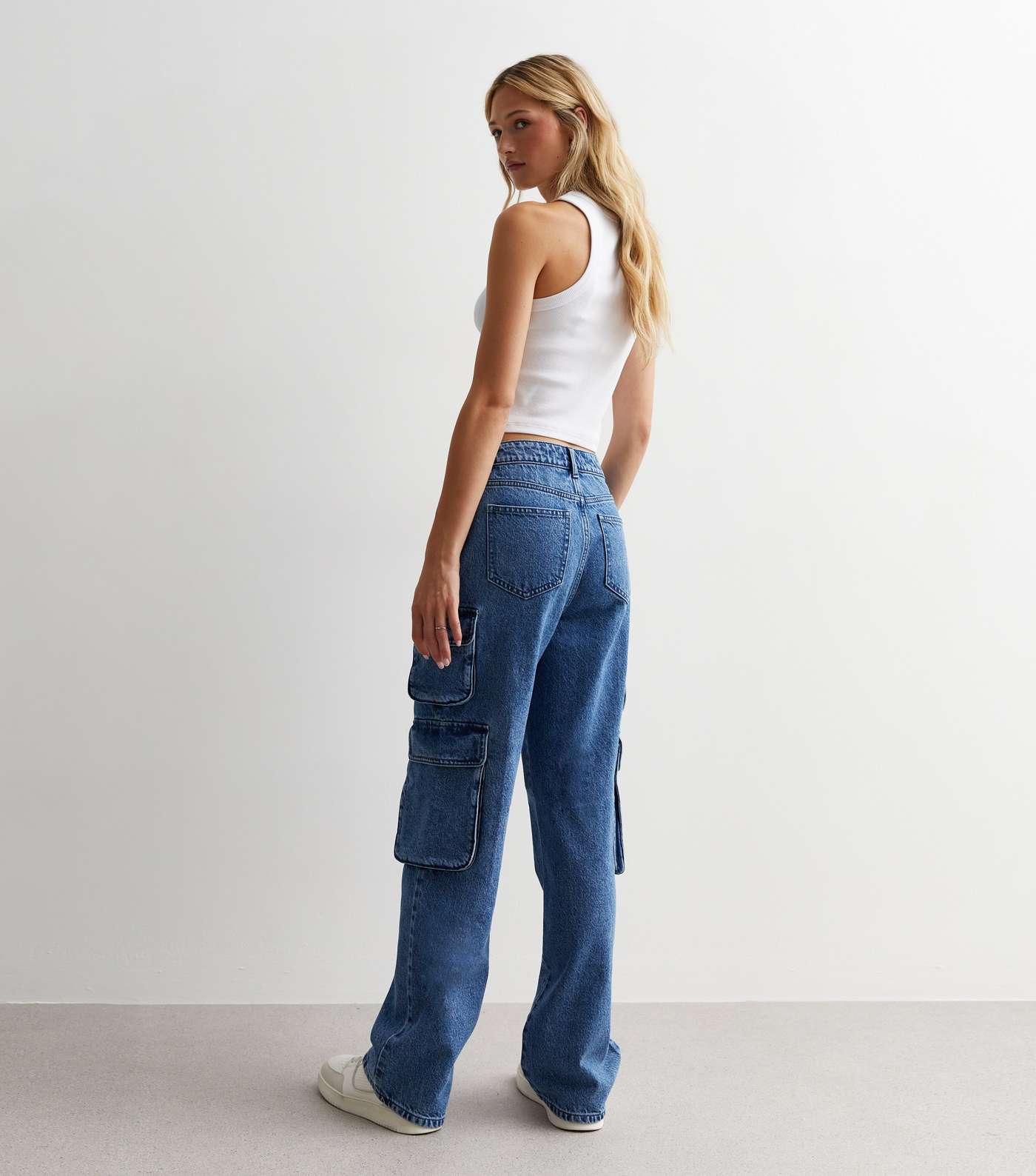 Blue Mid Rise Cargo Jeans Image 4