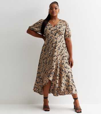 Curves Brown Leopard Print Frill Detail Midi Dress