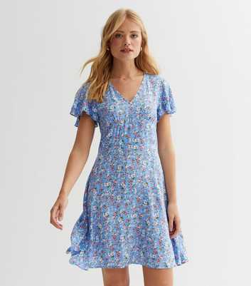 Sunshine Soul Blue Floral Flutter Sleeve Mini Dress