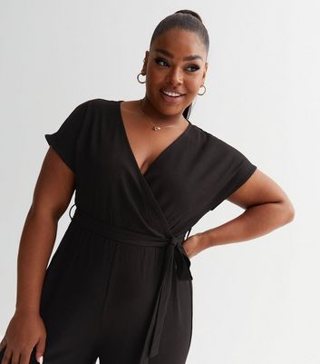 Curves Black Crinkle Wrap Jumpsuit | New Look