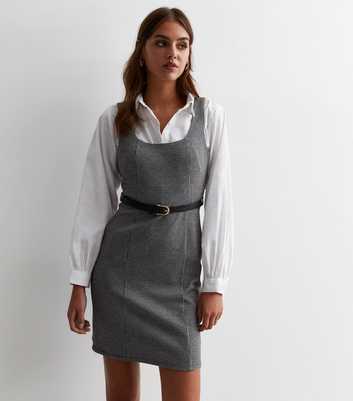 Light Grey Check Belted Mini Pinafore Dress