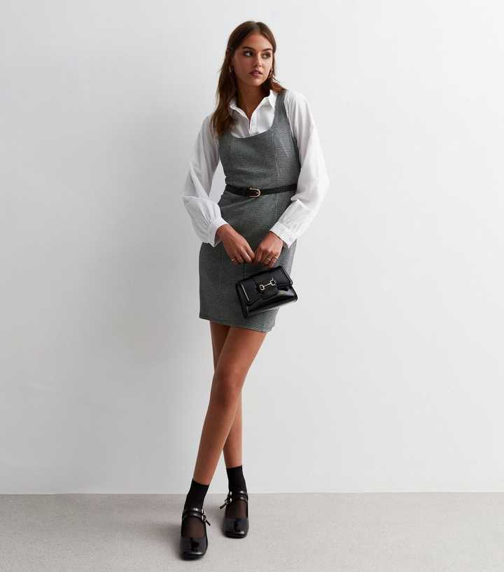 Light Grey Check Belted Mini Pinafore Dress | New Look