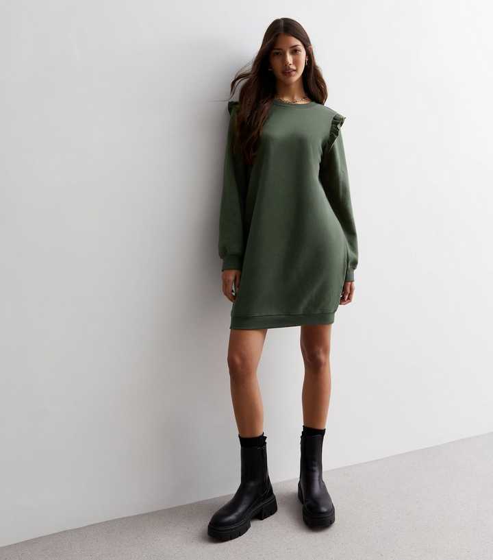 Khaki Jersey Frill Sweatshirt Mini Dress