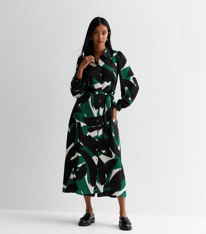 Green Geometric Print Belted Midaxi Shirt Dress | New Look