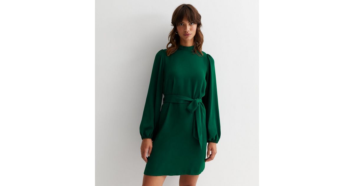 Green High Neck Lace Up Back Mini Dress - Fay