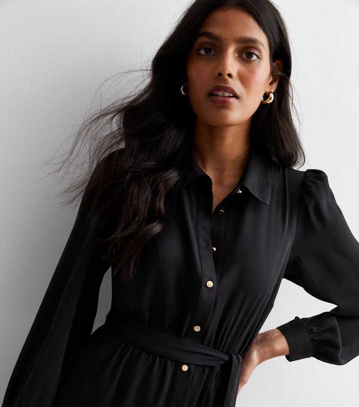 womens shirt dress black Women's Collarless Shirt Dress - Black Linen