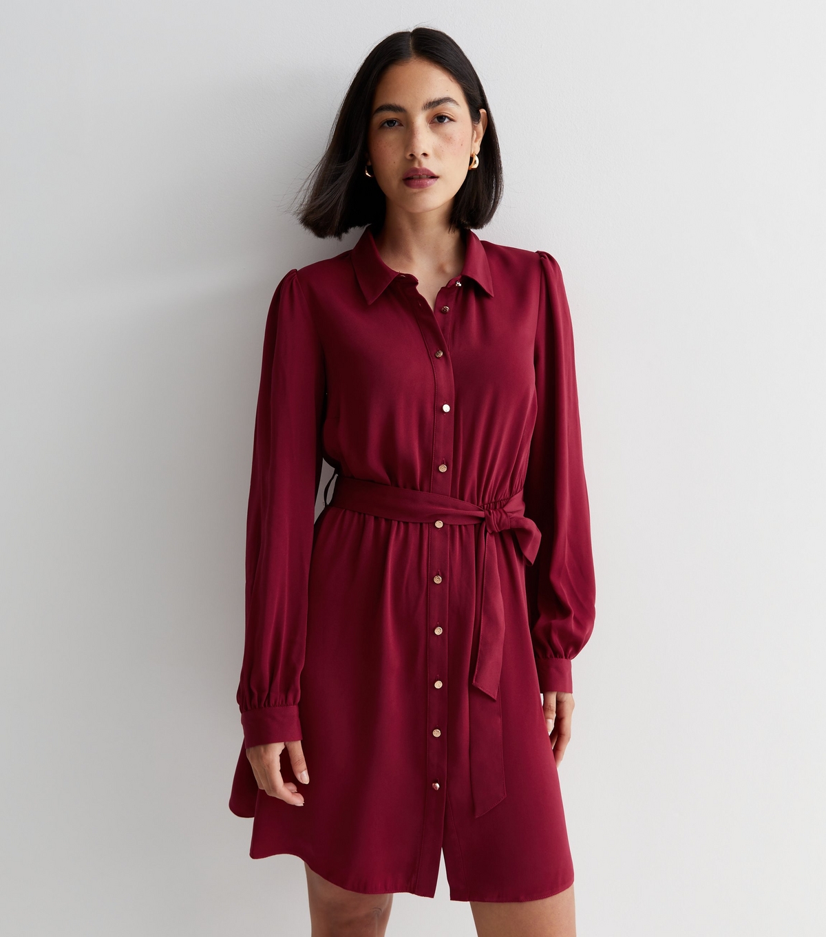 Women's Burgundy Belted Mini Shirt Dress New Look