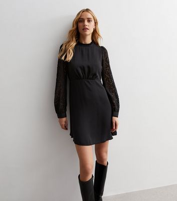 Black Lace High Neck Long Sleeve Mini Dress New Look