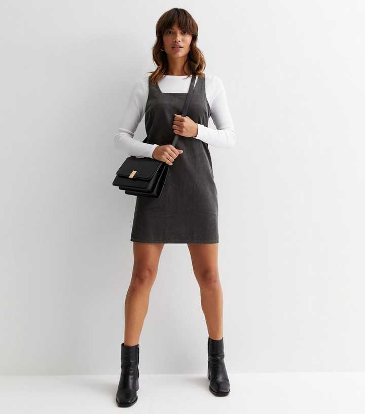 Dark Grey Cord Mini Pinafore Dress