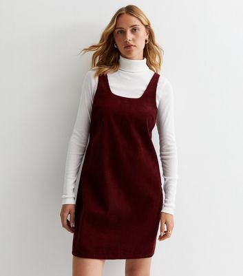 Burgundy Cord Mini Pinafore Dress New Look