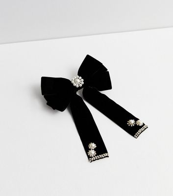 Black Velvet and Faux Pearl Embroidered Bow Hair Slide New Look