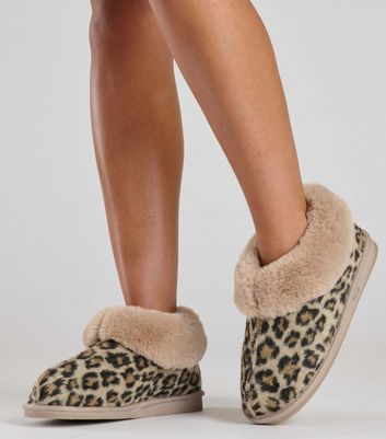 Loungeable Brown Leopard Print Felt Faux Fur Trim Slippers New Look