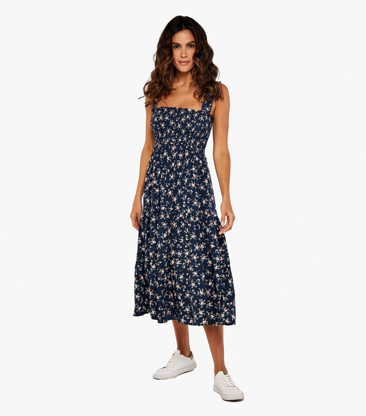 Women's Navy Floral Midi Dress Apricot New Look