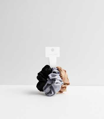 3 Pack Black Grey and Stone Satin Scrunchies