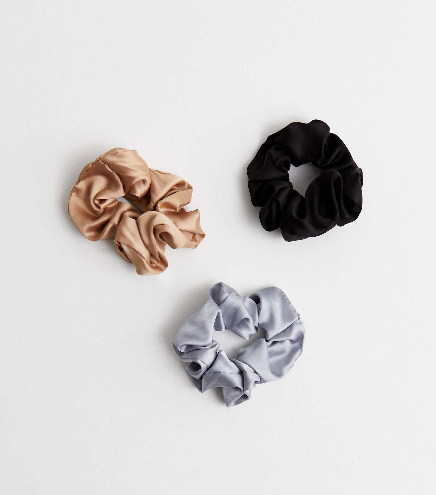 3 Pack Black Grey and Stone Satin Scrunchies Image 3