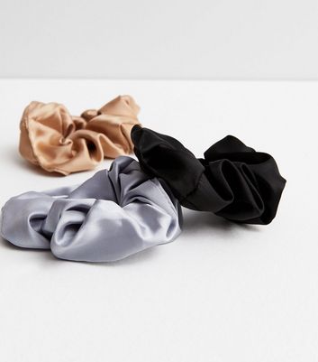 3 Pack Black Grey and Stone Satin Scrunchies New Look