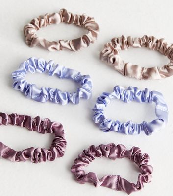 6 Pack Blue Lilac and Stone Satin Mini Scrunchies New Look