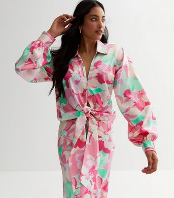 Pink Pattern Satin Tie Front Shirt | New Look