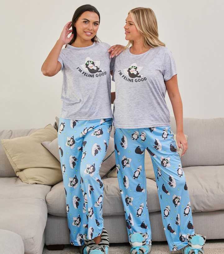 Loungeable Light Grey Trouser Pyjama Set with Cat Print