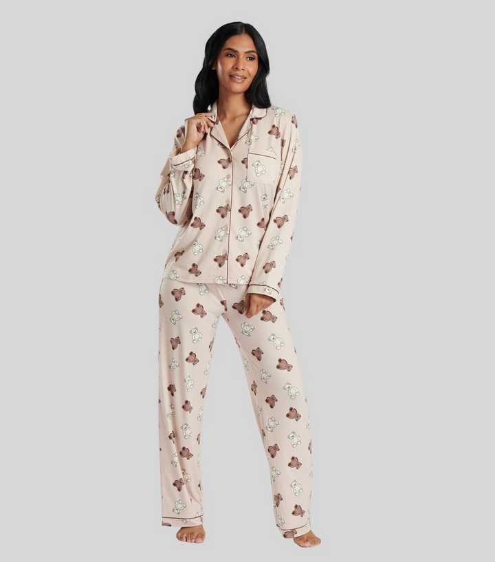 Loungeable Brown Trouser Pyjama Set with Teddy Bear Print