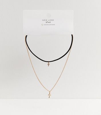 Black Velvet Cross Pendant Layered Necklace New Look