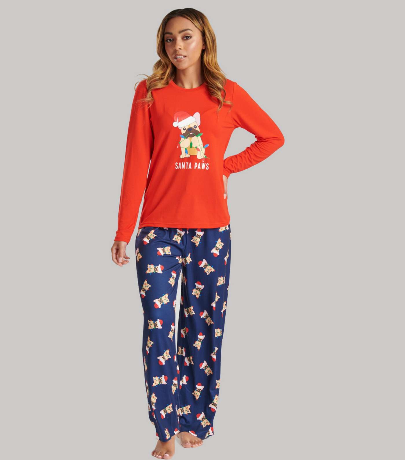 Loungeable Red Trouser Pyjama Set with Christmas Frenchie Print Image 2