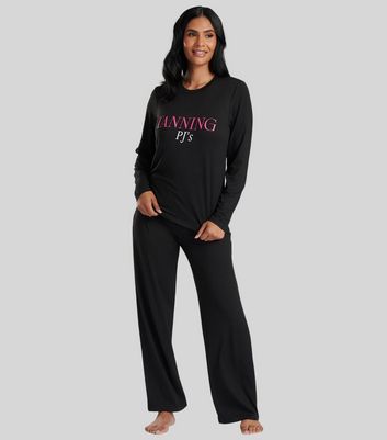 Loungeable Black Trouser Pyjama Set with Tanning PJs Logo New Look