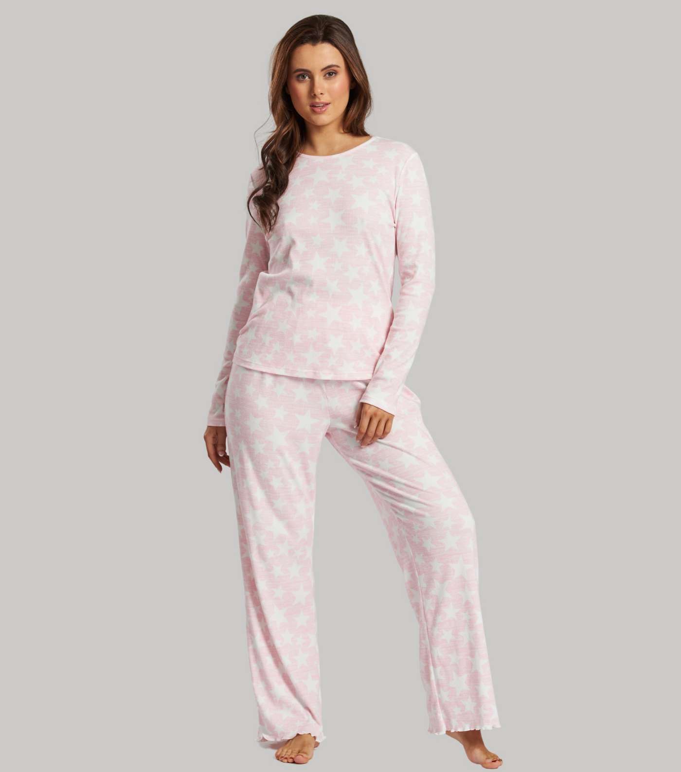 Loungeable Pink Super Soft Ribbed Trouser Pyjama Set with Star Print Image 3